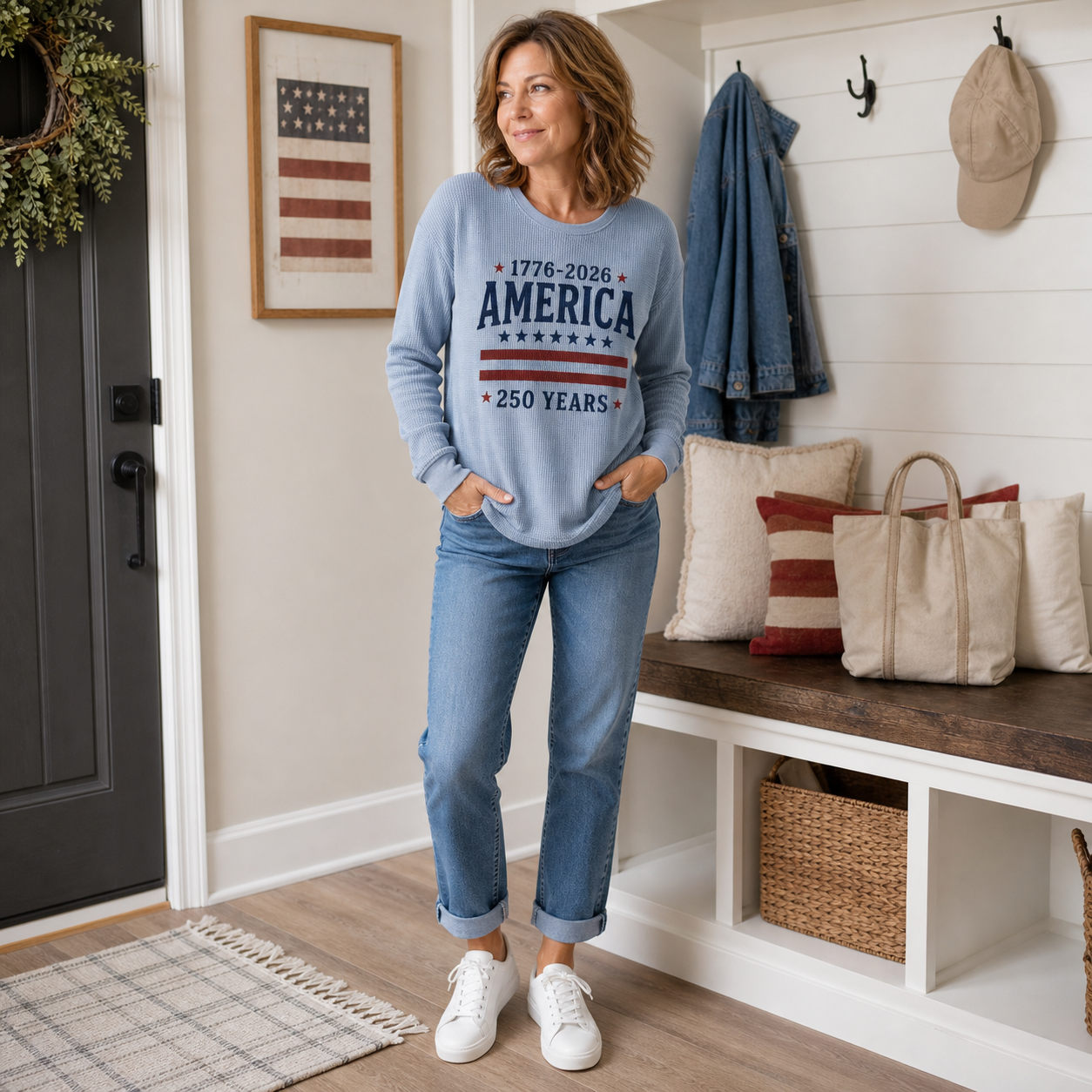 Women's Americana Waffle Knit Long Sleeve Graphic Shirts