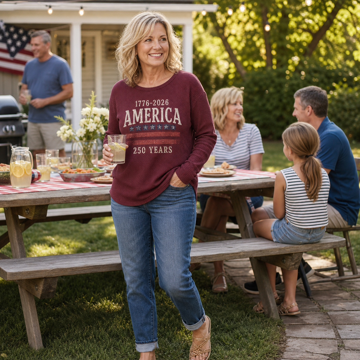 Women's Americana Waffle Knit Long Sleeve Graphic Shirts