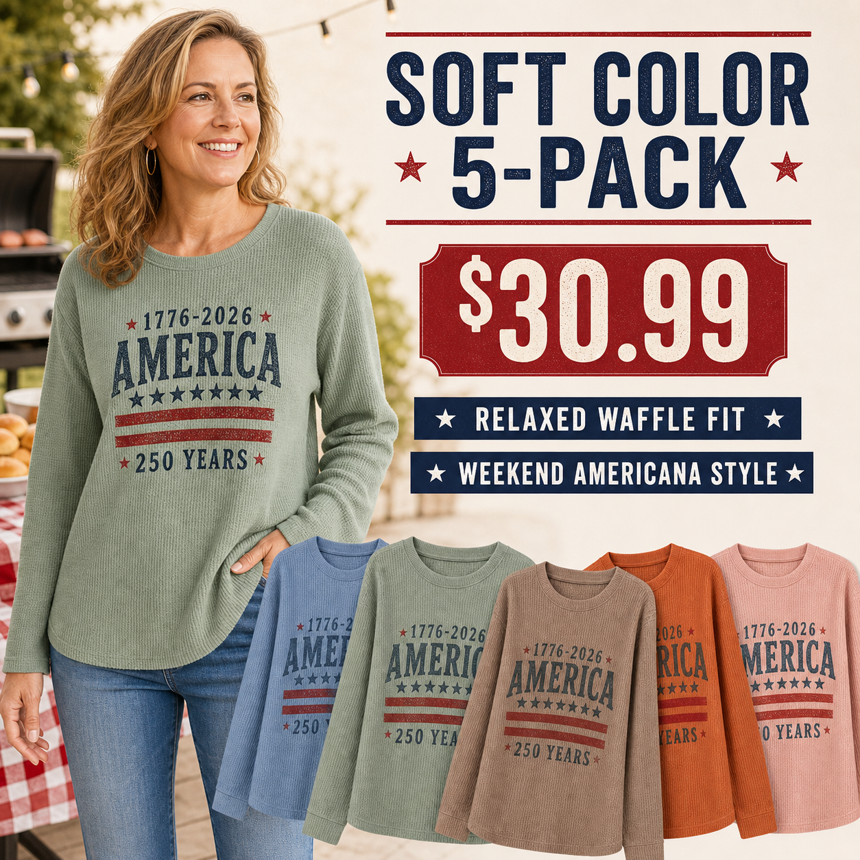 Women's Americana Waffle Knit Long Sleeve Graphic Shirts