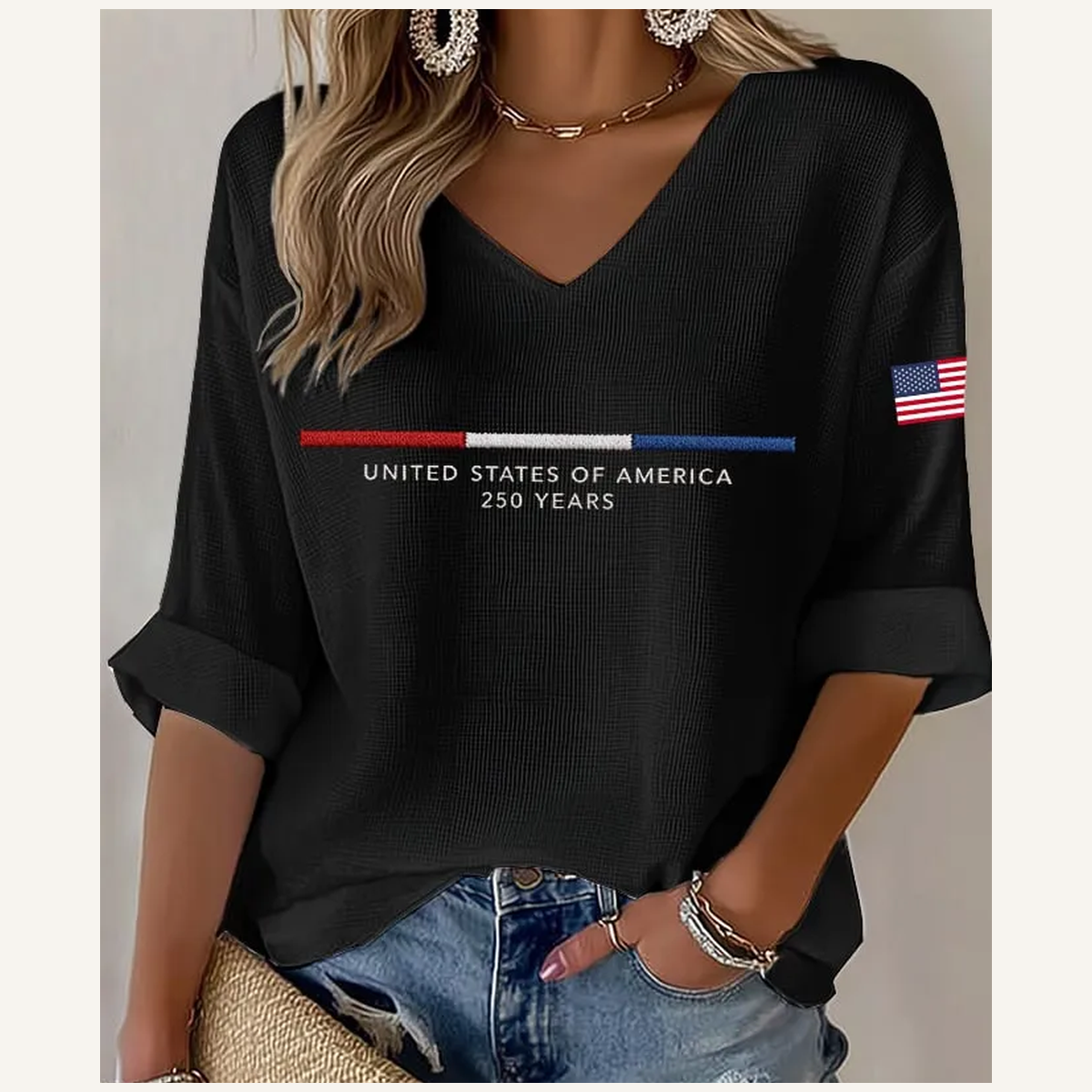 Black - Women's Americana-Inspired Waffle V-Neck Rolled Sleeve Tops