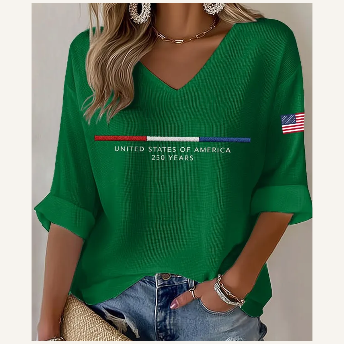 Green - Women's Americana-Inspired Waffle V-Neck Rolled Sleeve Tops