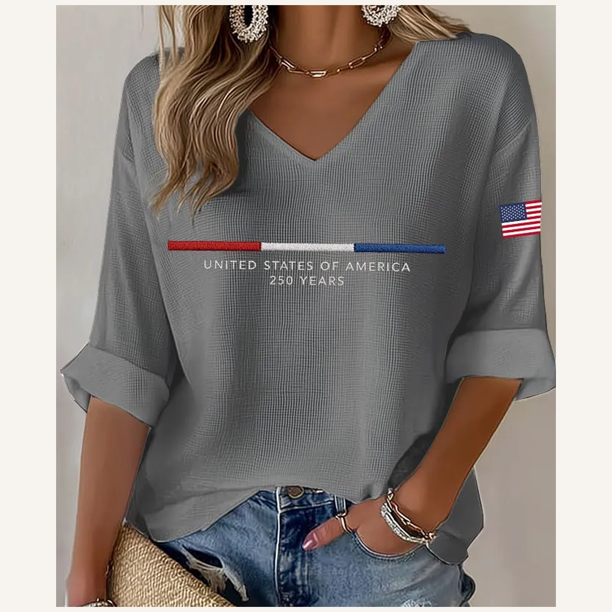 Grey - Women's Americana-Inspired Waffle V-Neck Rolled Sleeve Tops