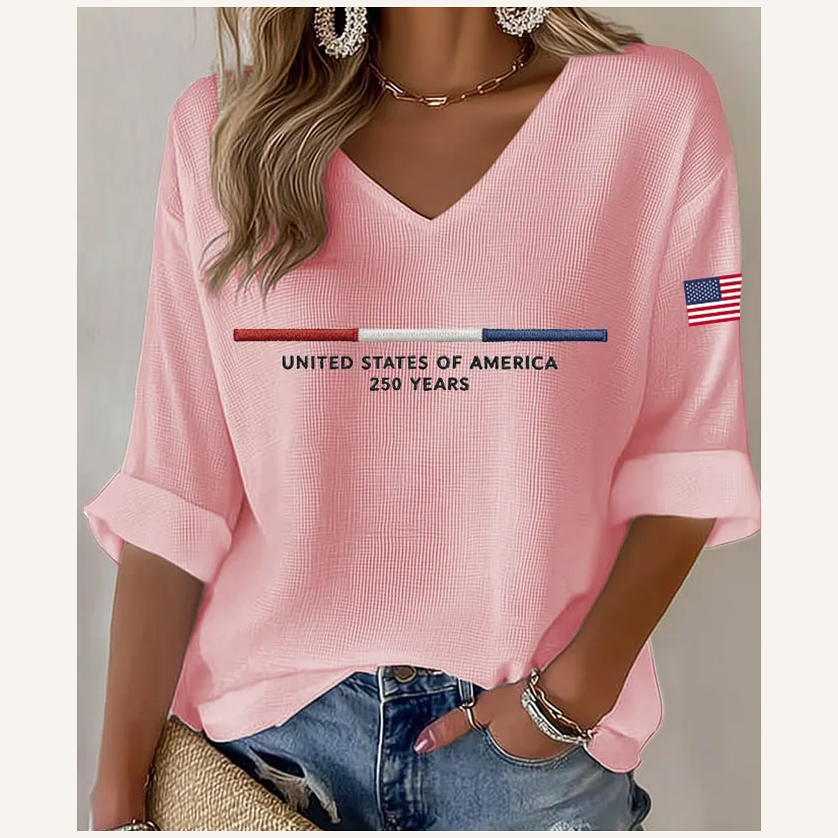 Pink - Women's Americana-Inspired Waffle V-Neck Rolled Sleeve Tops