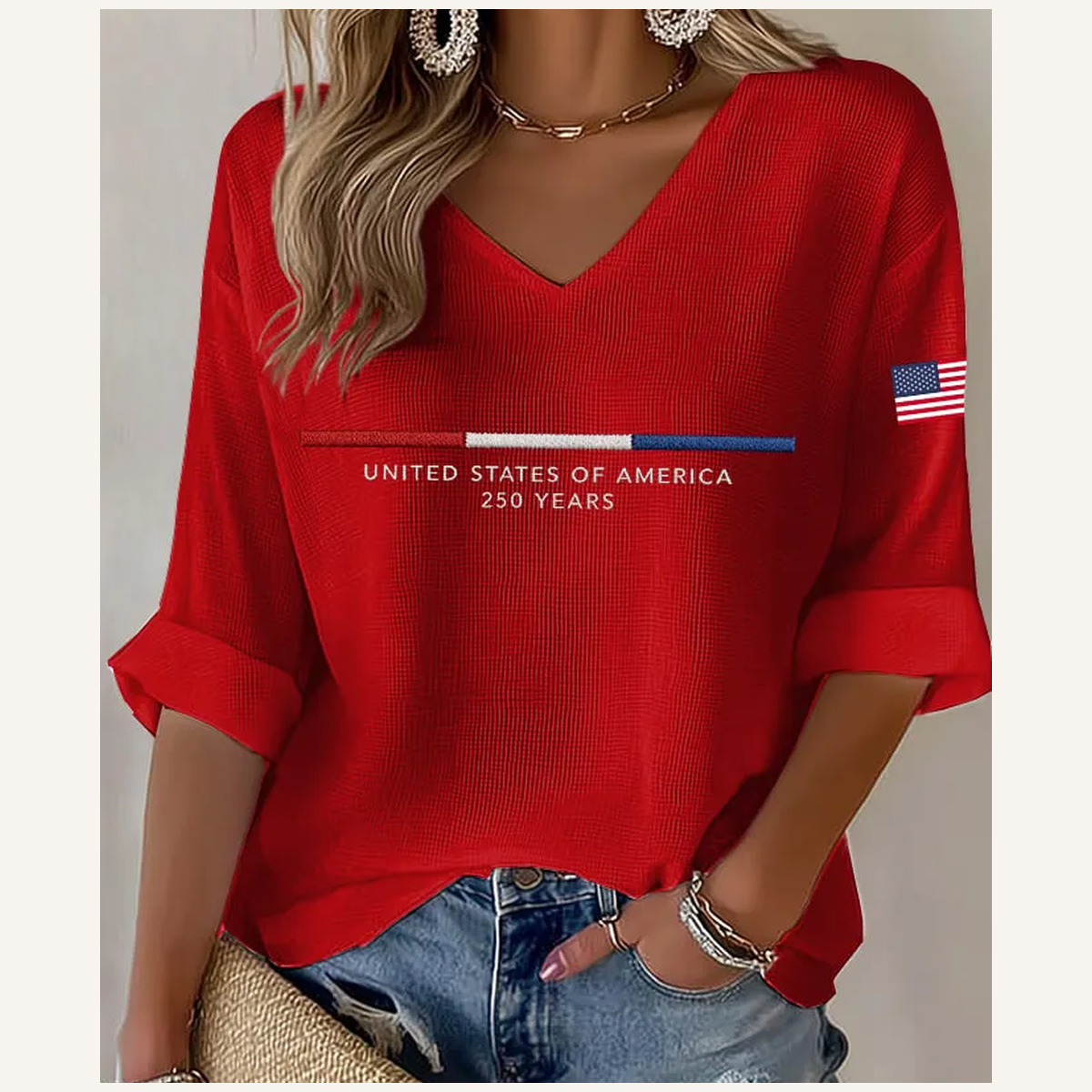 Red - Women's Americana-Inspired Waffle V-Neck Rolled Sleeve Tops