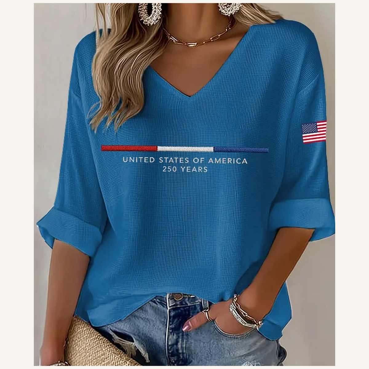 Royal Blue - Women's Americana-Inspired Waffle V-Neck Rolled Sleeve Tops
