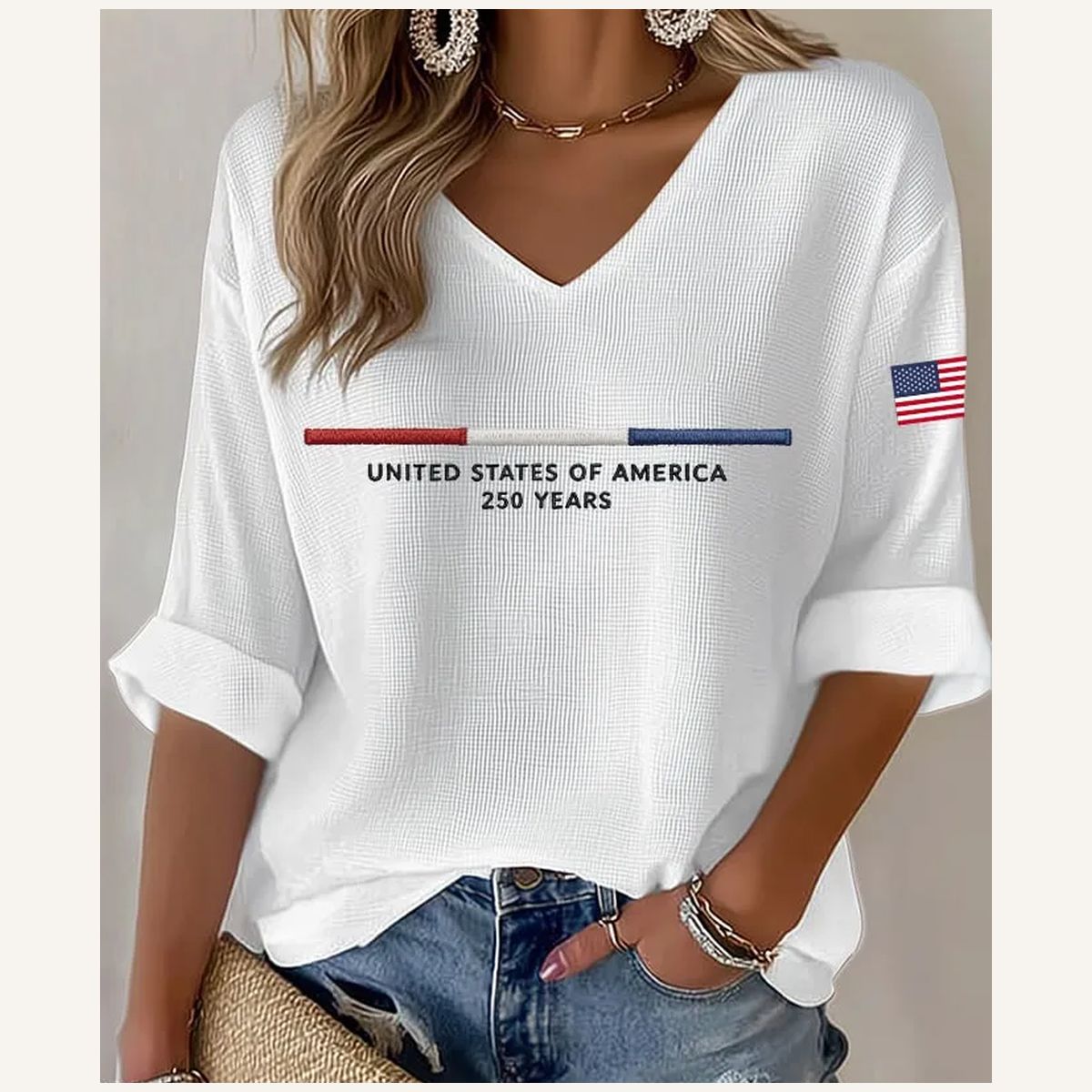 White - Women's Americana-Inspired Waffle V-Neck Rolled Sleeve Tops