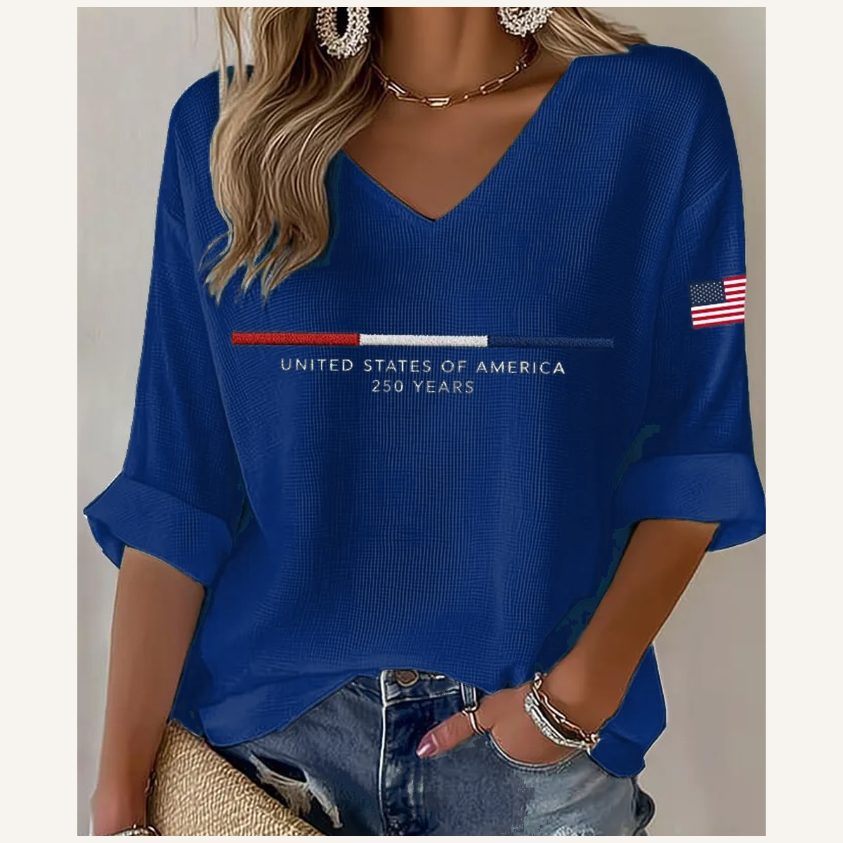 Navy - Women's Americana-Inspired Waffle V-Neck Rolled Sleeve Tops