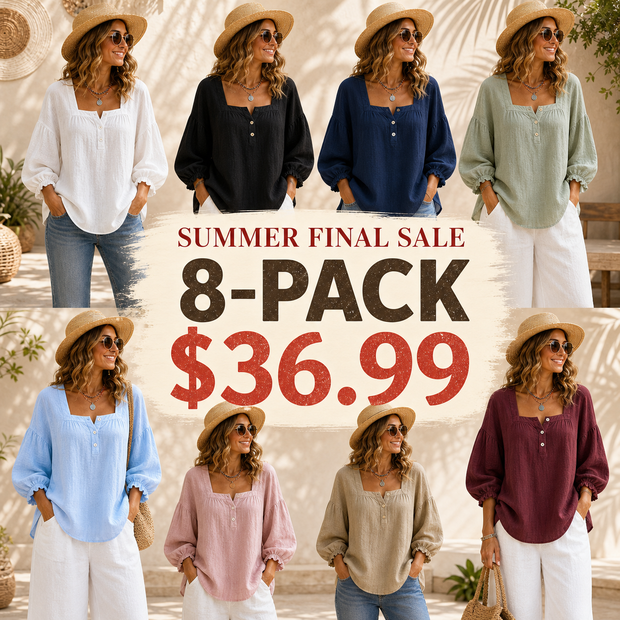 Women's Linen-Look Square Neck Balloon Sleeve Button Blouse