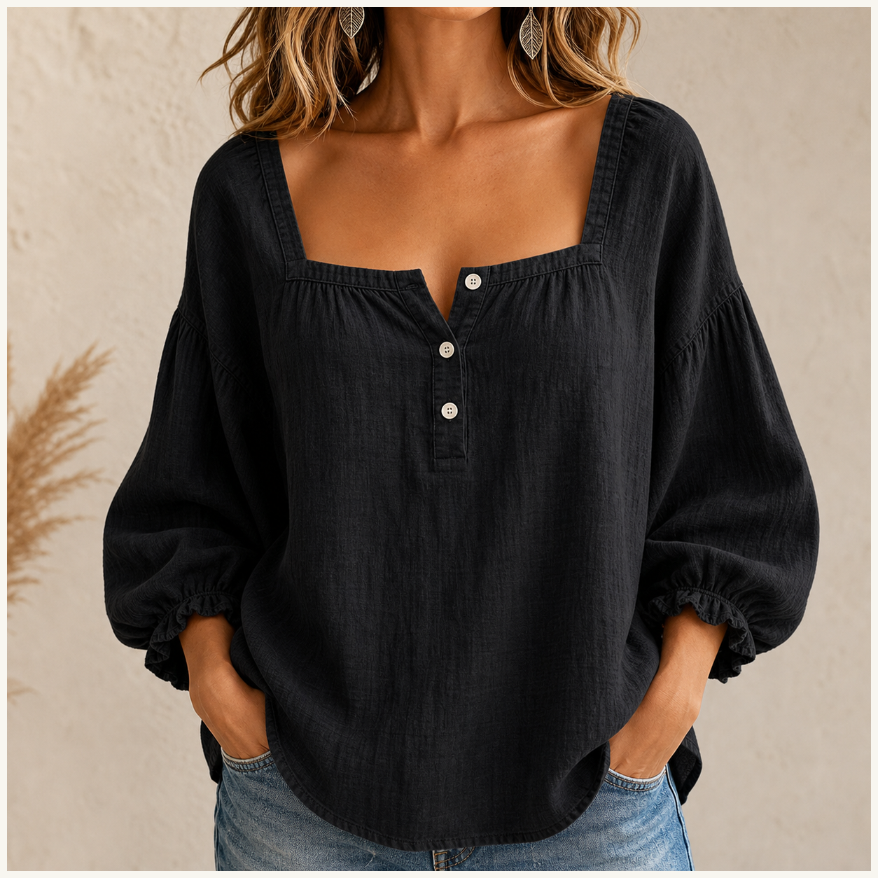 Women's Linen-Look Square Neck Balloon Sleeve Button Blouse