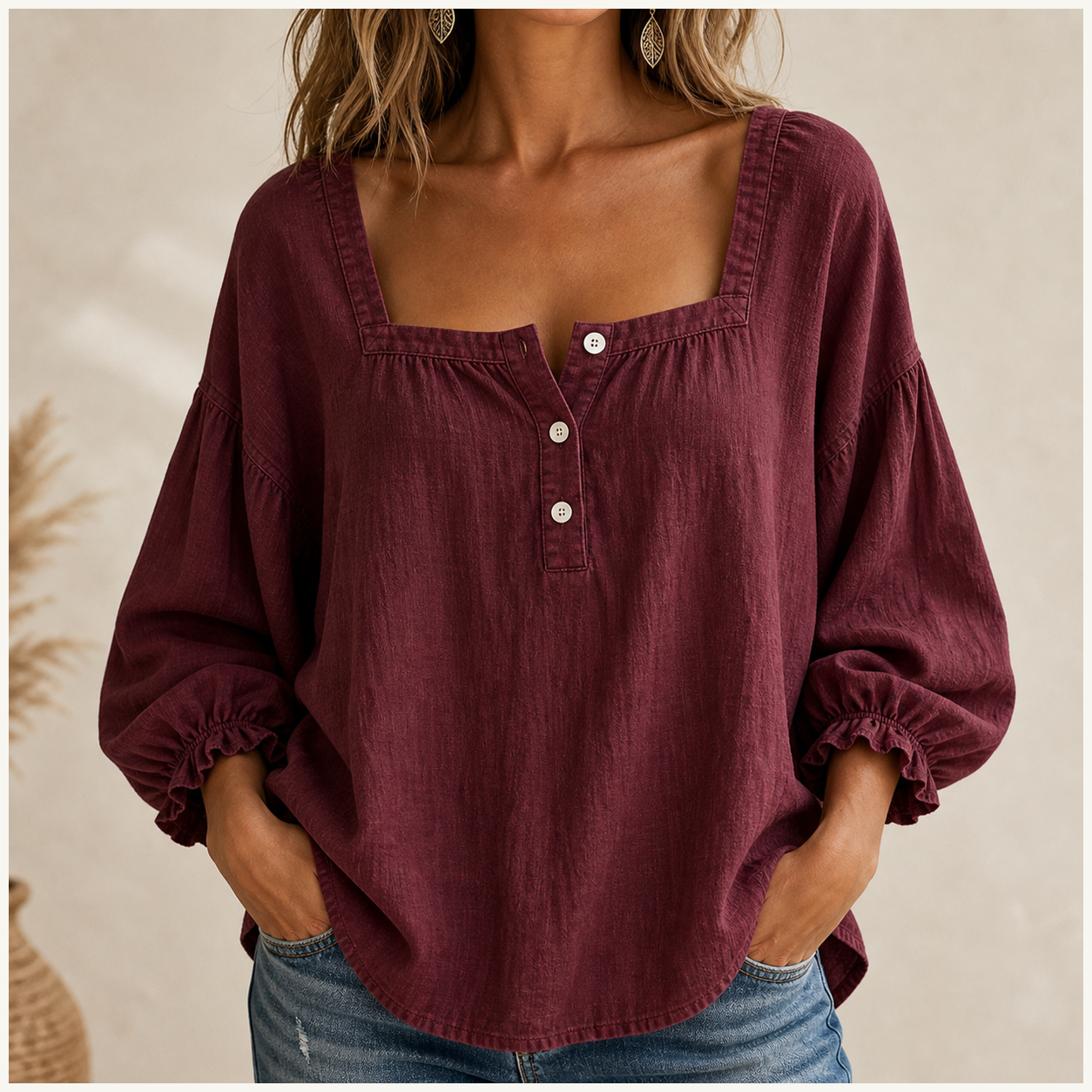 Women's Linen-Look Square Neck Balloon Sleeve Button Blouse