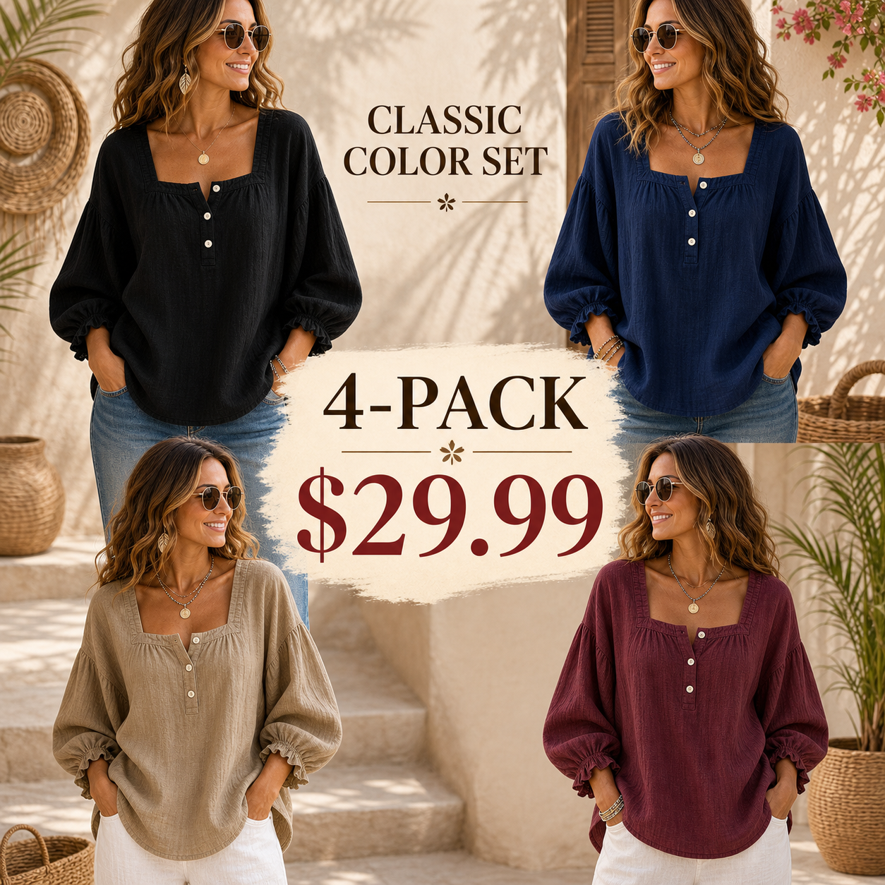 Women's Linen-Look Square Neck Balloon Sleeve Button Blouse