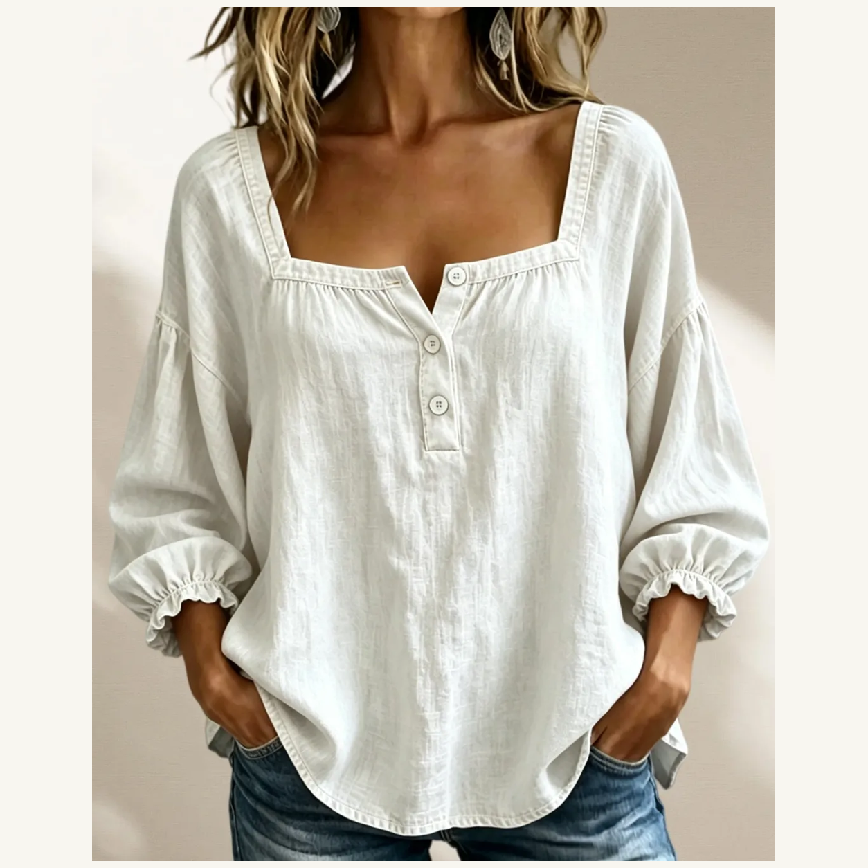 Women's Linen-Look Square Neck Balloon Sleeve Button Blouse