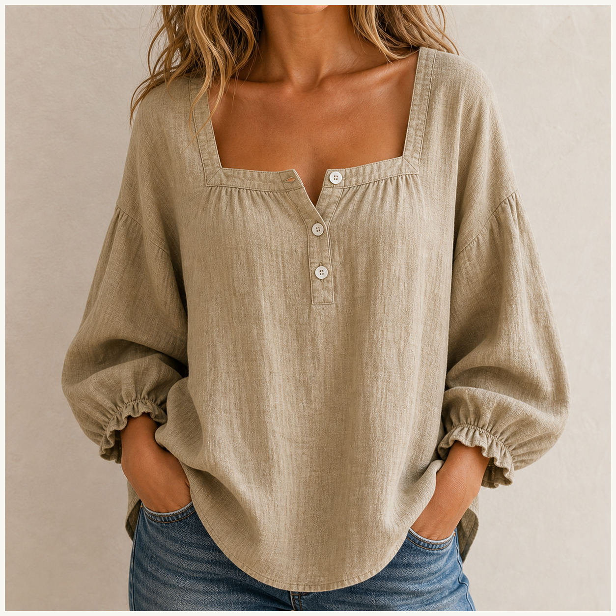 Women's Linen-Look Square Neck Balloon Sleeve Button Blouse