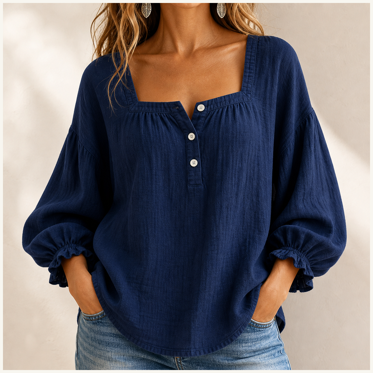 Women's Linen-Look Square Neck Balloon Sleeve Button Blouse
