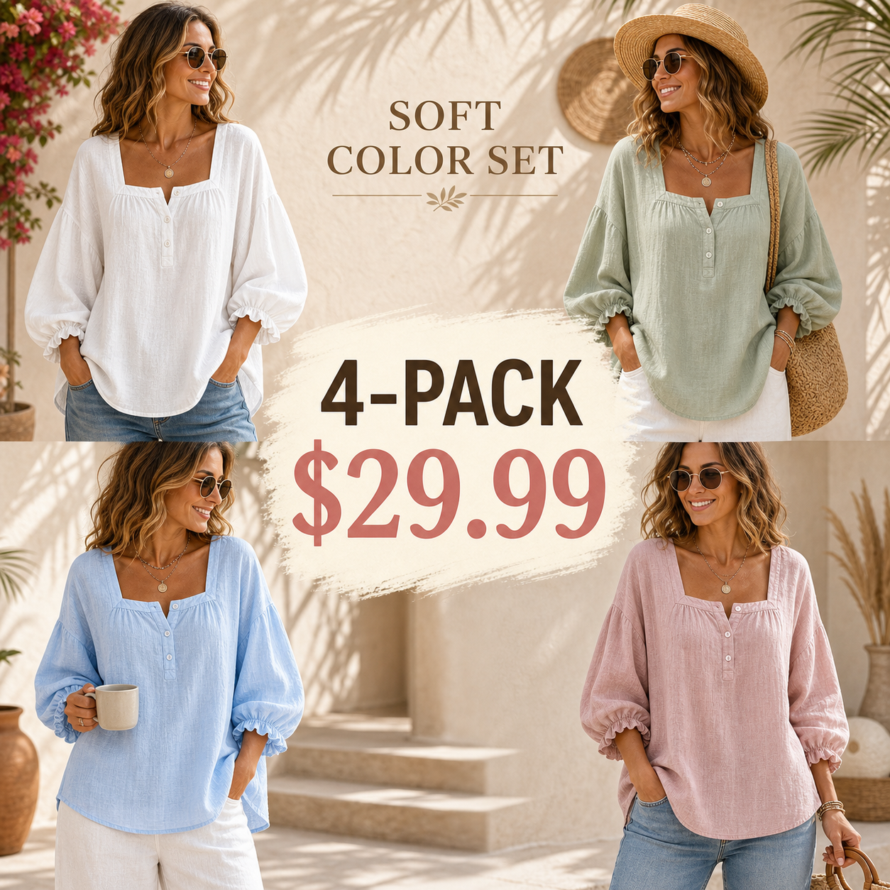 Women's Linen-Look Square Neck Balloon Sleeve Button Blouse