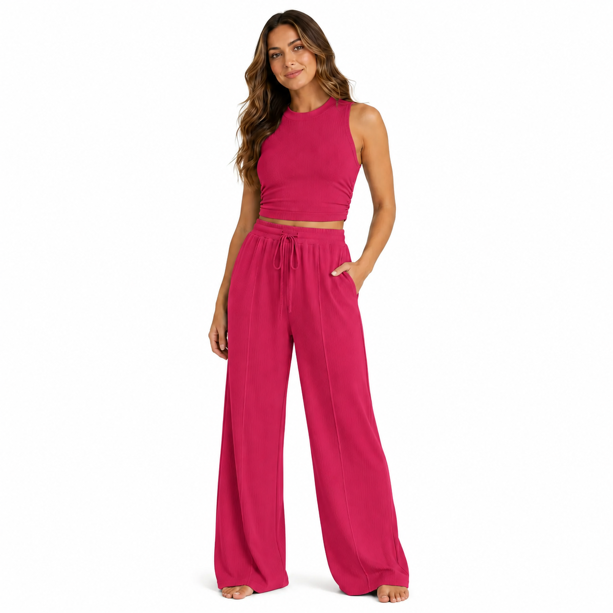 Women's Summer 2-Piece Outfits - Ribbed Knit Crew Neck Sleeveless Cropped Top & Wide Leg Pants Lounge Set