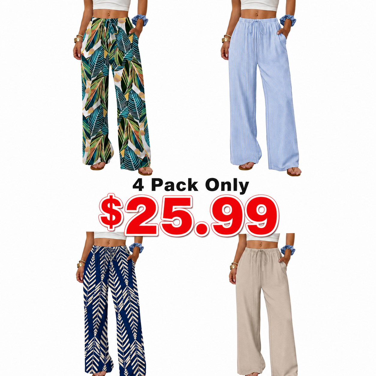 Wide Leg Pants for Women Flowy Palazzo Drawstring Elastic Waist Trousers with Pockets Summer Beach Vacation Clothes
