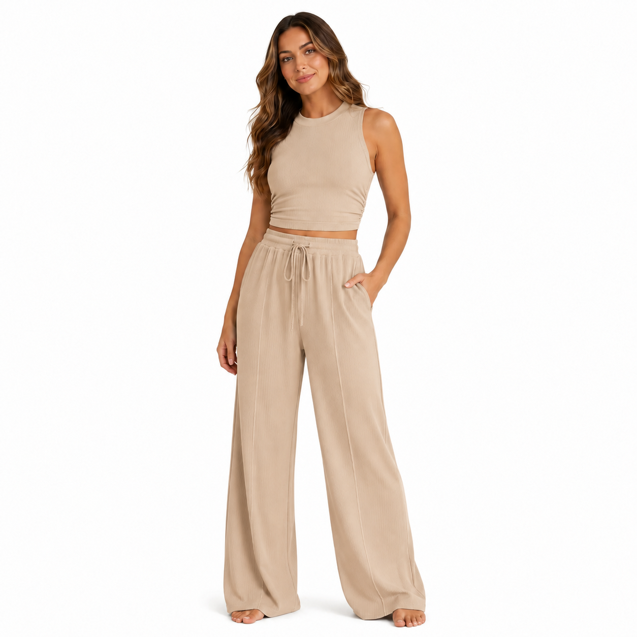Women's Summer 2-Piece Outfits - Ribbed Knit Crew Neck Sleeveless Cropped Top & Wide Leg Pants Lounge Set