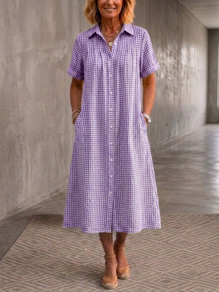 Women's Lapel Checkered Cotton Linen Shirt Dress