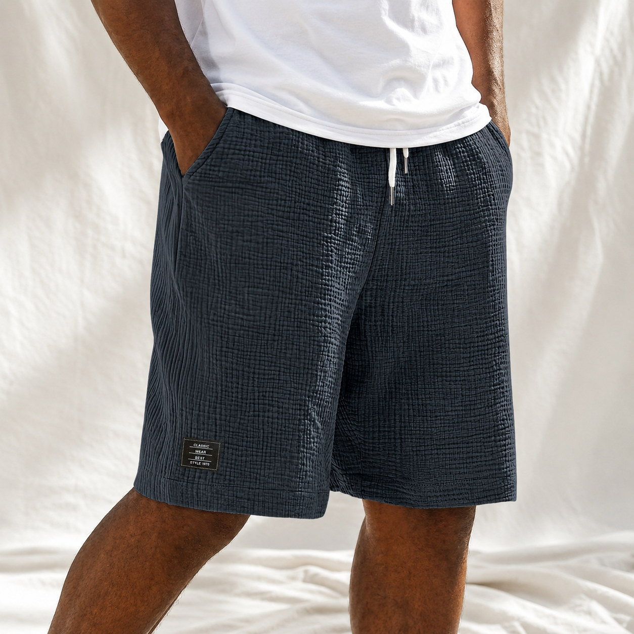 Men's Linen Crinkle Textured Logo Shorts