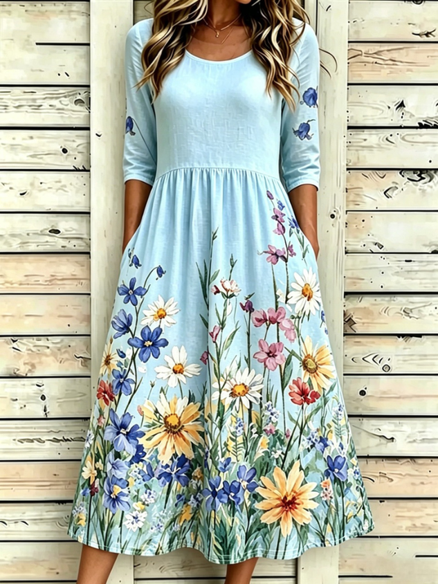 Women Floral Half Sleeve Crew Neck Dress Daily Vintage Maxi A-Line Summer Dress