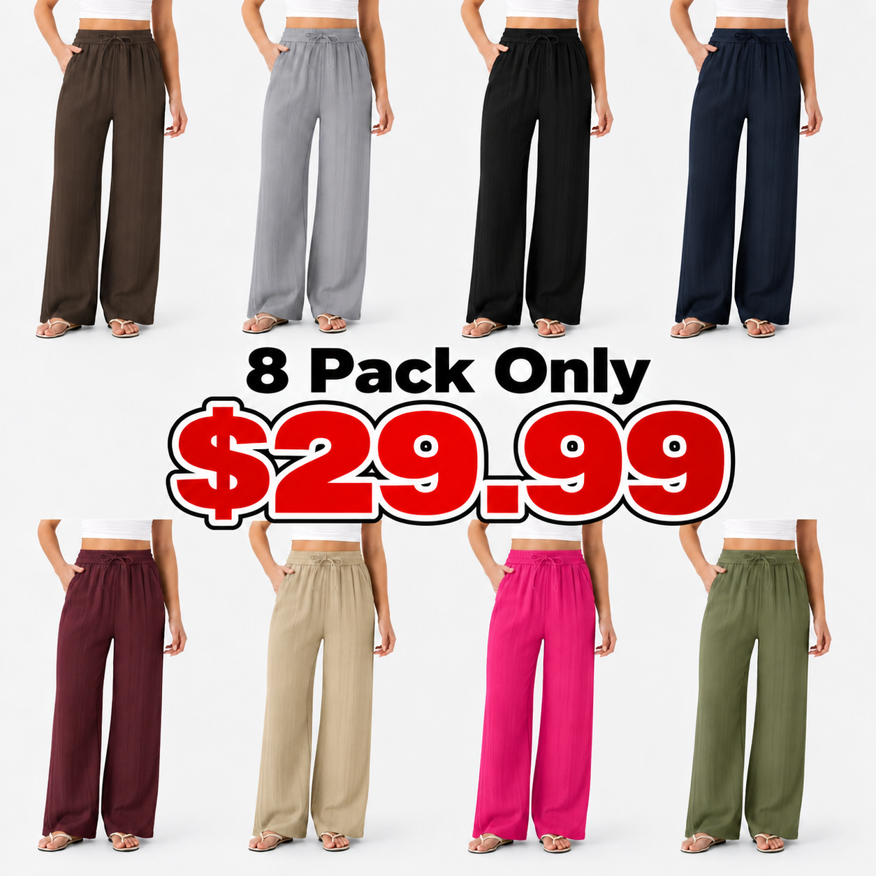 High Waisted Drawstring Pocket Wide Leg Baggy Casual Linen-Feel Pants