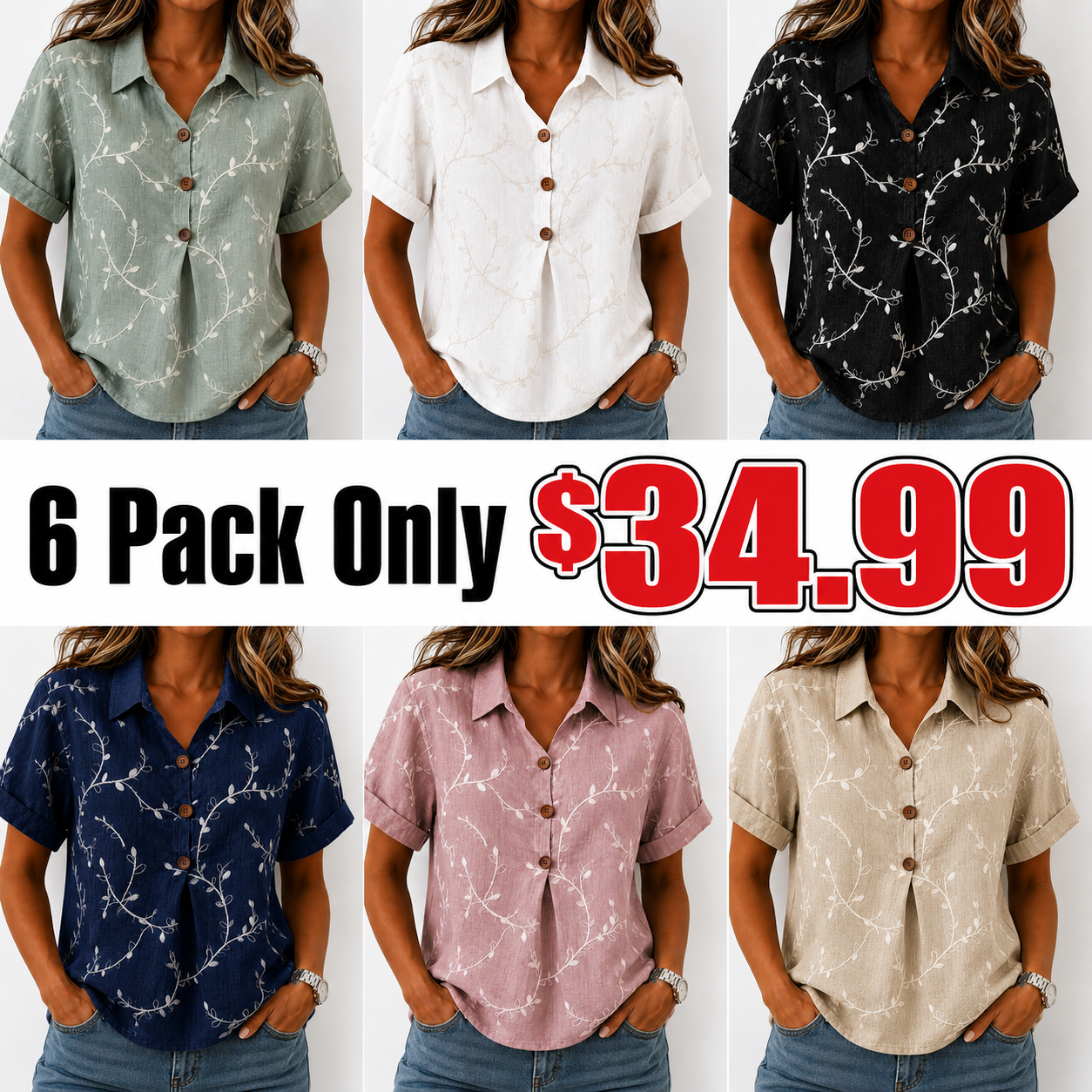 Women's Casual Short-Sleeve Positioning Print Cotton-Linen Top