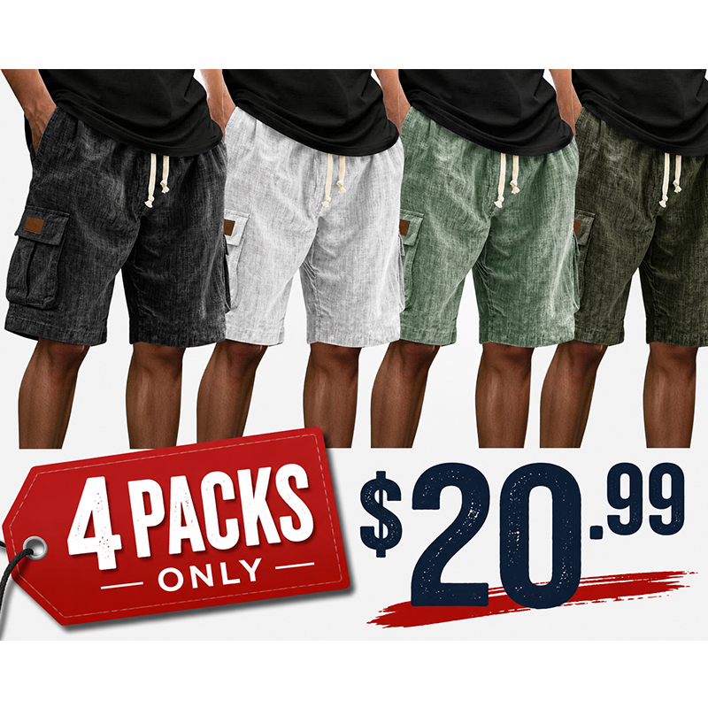Men's Casual Linen Multi-pocket Embroidered Label Cargo Shorts