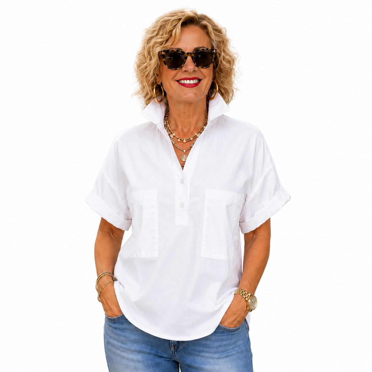 Women’s White Stand Collar Button-Back Relaxed Blouse