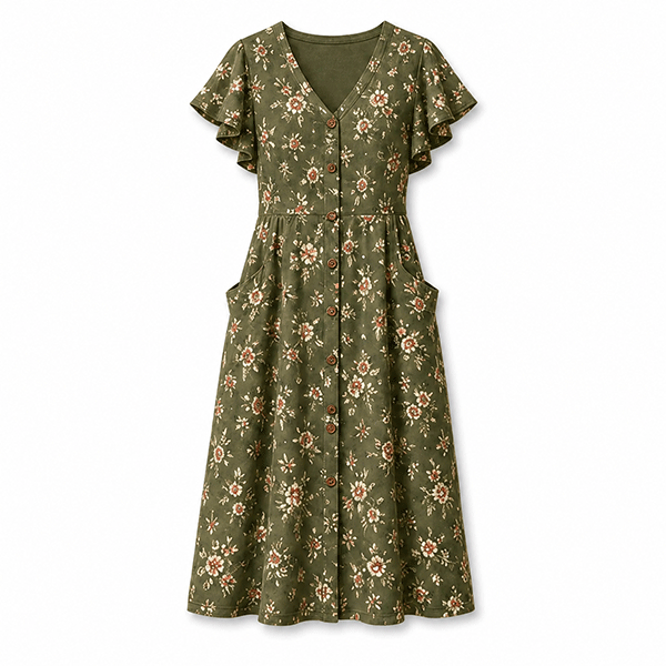 Ruffle Sleeve Button-Front Midi Dresses for Women