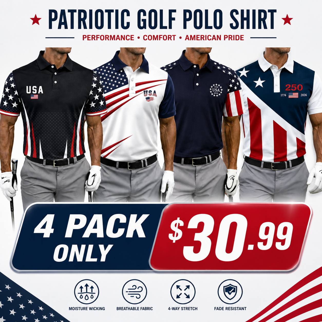 Mens Short Sleeve Polo Shirts 250th Anniversary USA Shirt Flag Print Patriotic 4th of July