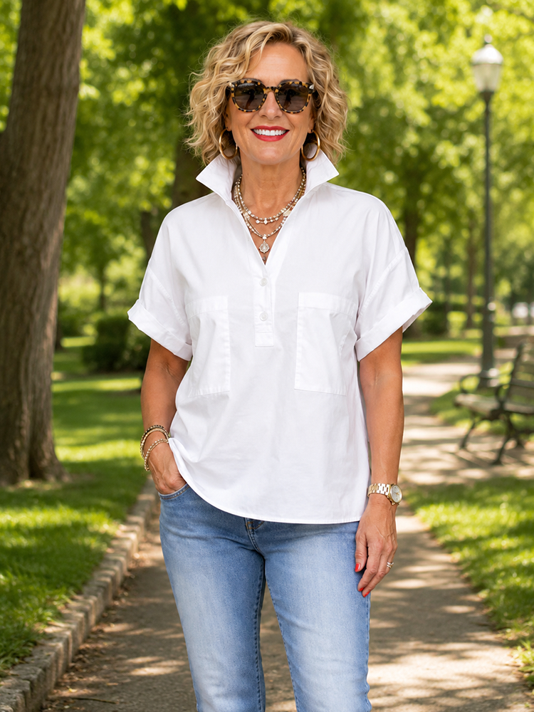 Women’s White Stand Collar Button-Back Relaxed Blouse