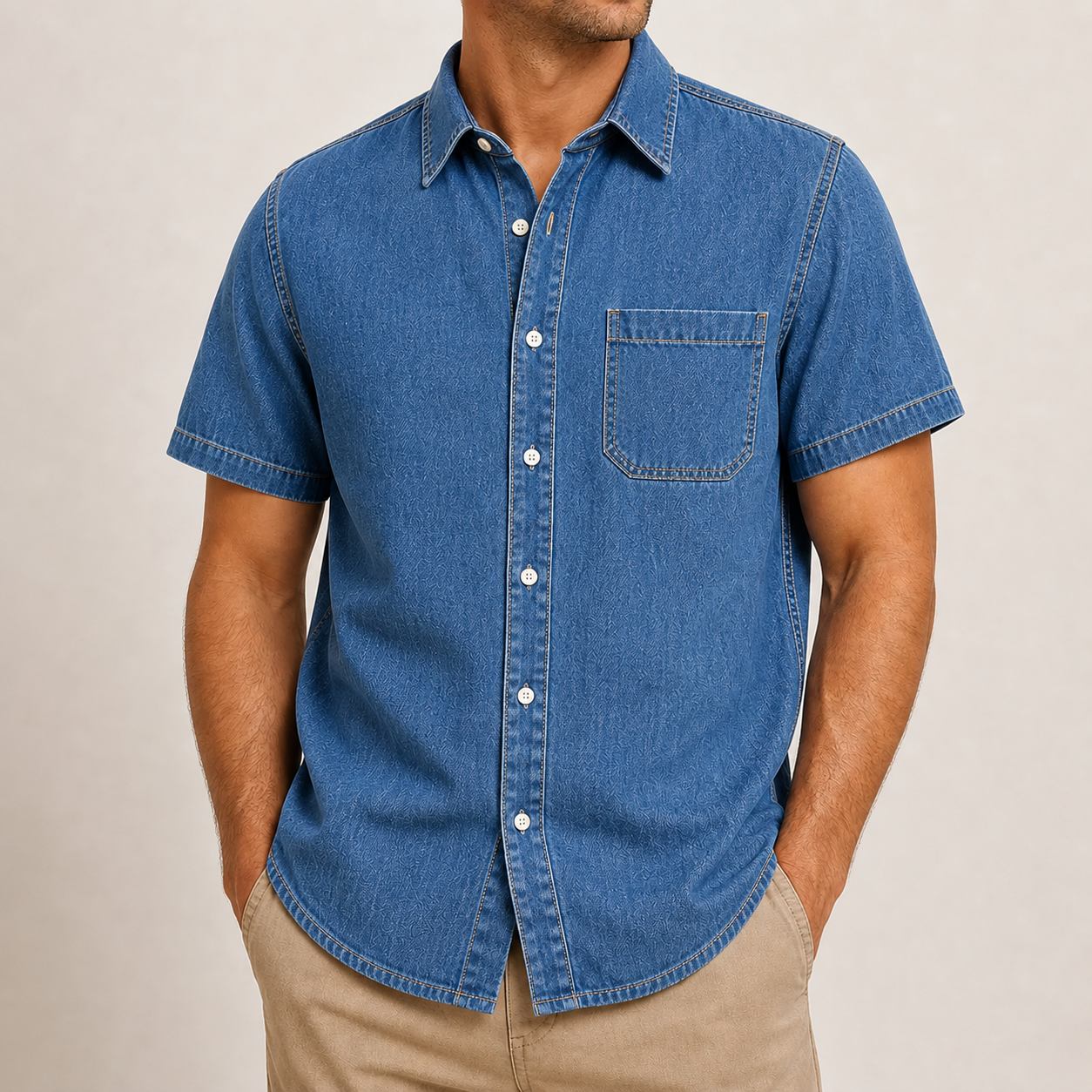 Men's Short Sleeve Denim Button-Up Shirt