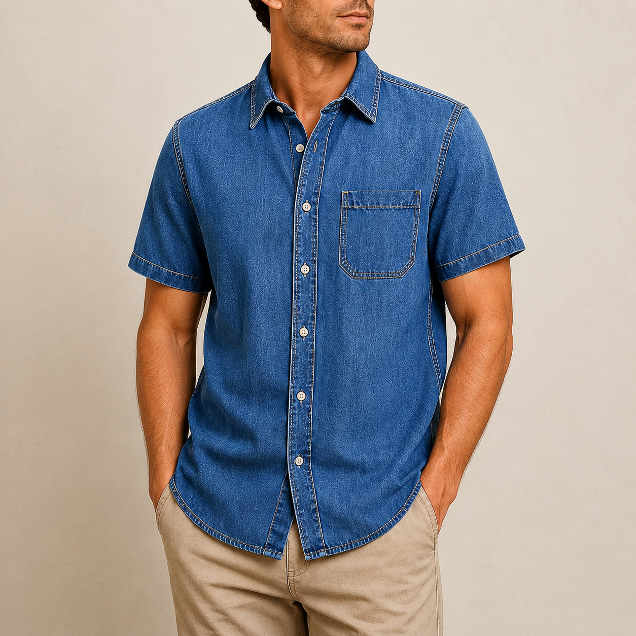 Men's Short Sleeve Denim Button-Up Shirt