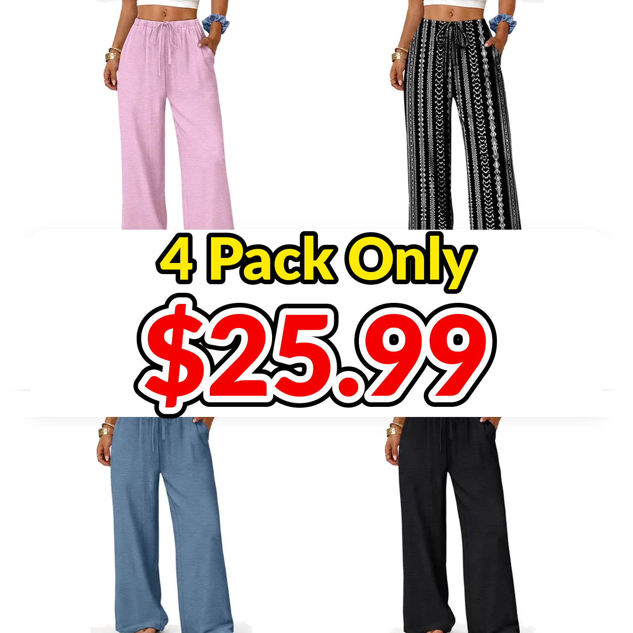 Wide Leg Pants for Women Flowy Palazzo Drawstring Elastic Waist Trousers with Pockets Summer Beach Vacation Clothes