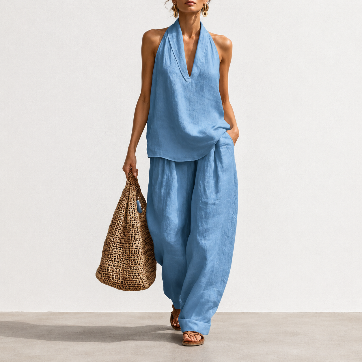 Women's Boho Linen Two Piece Set Halter Neck Sleeveless Top & Wide Leg Pants Beach Vacation Brunch Casual Outfit