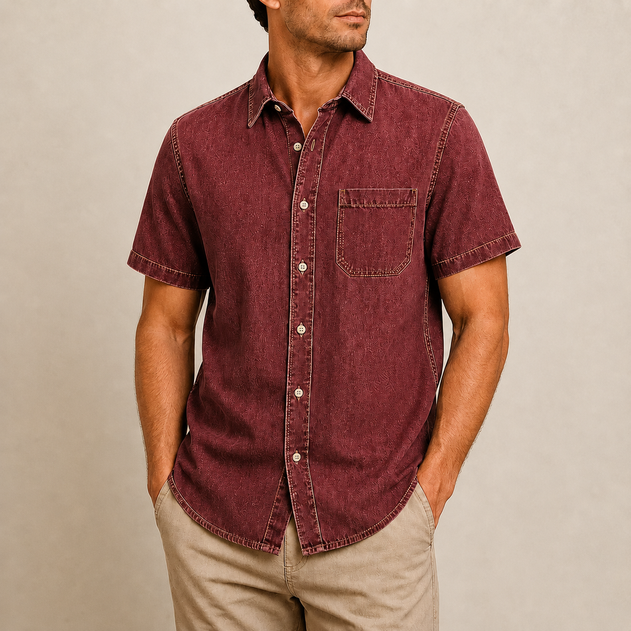 Men's Short Sleeve Denim Button-Up Shirt