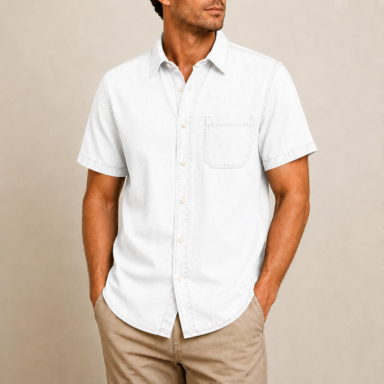 Men's Short Sleeve Denim Button-Up Shirt