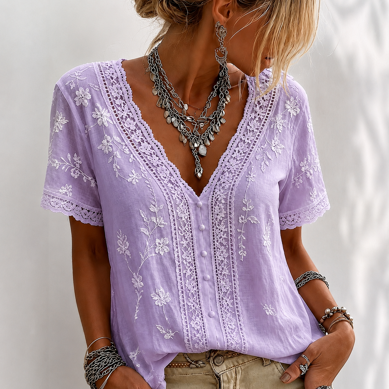 Women’s White Embroidered Lace V-Neck Blouse