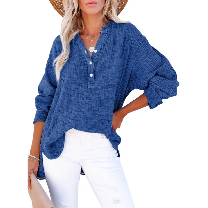 Dokotoo Women's Casual Button V Neck Long Sleeve Shirts Oversized Solid Blouses Tops 100% Cotton Boyfriend Style Loose Fit