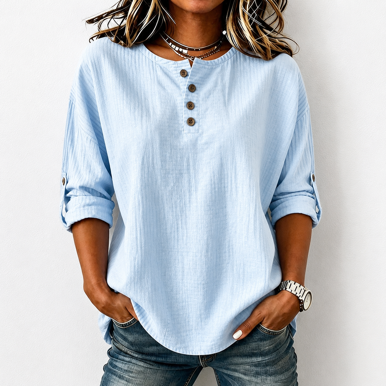 Women'S Casual Cotton And Linen 9-Quarter Sleeved Button Up Top