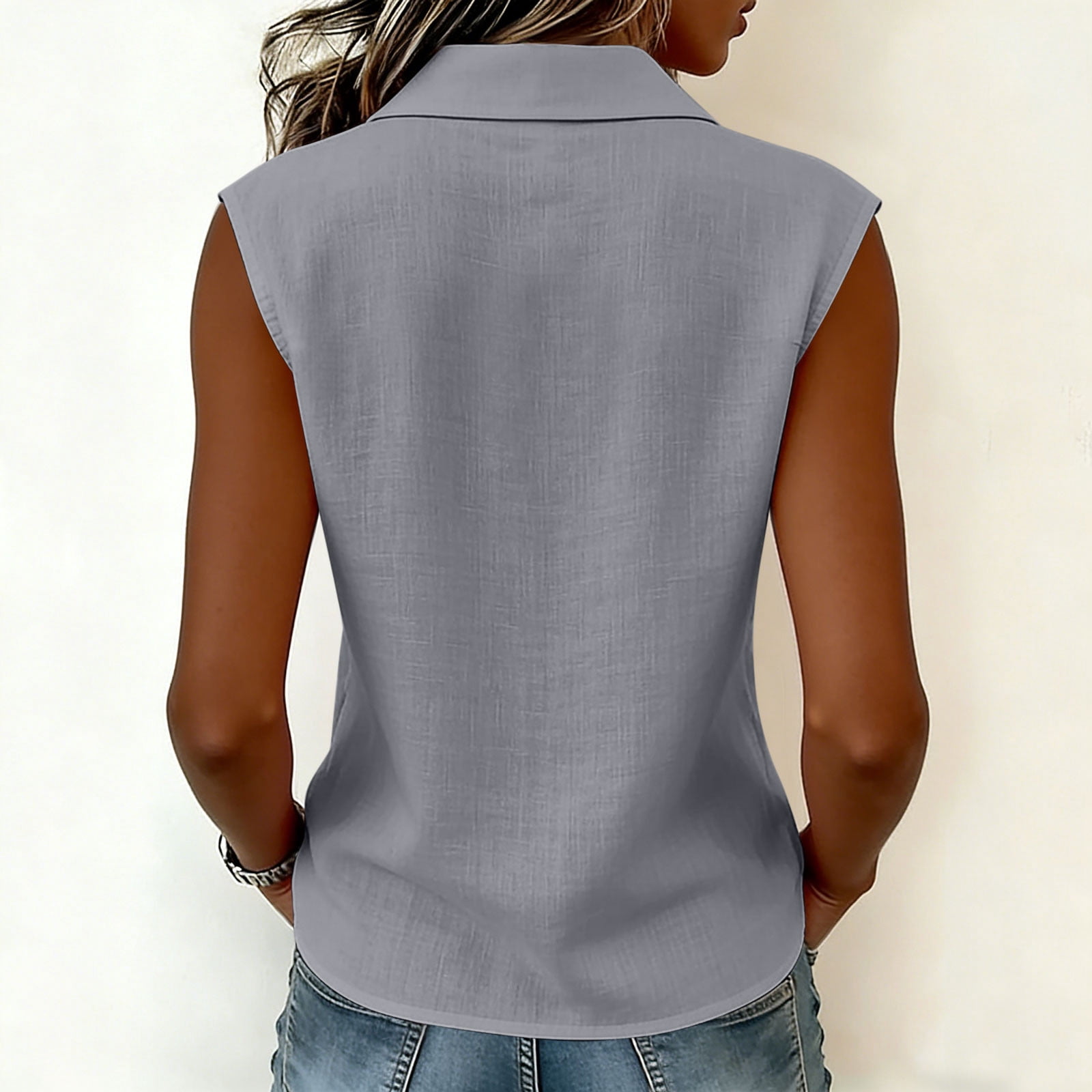 Rvasteizo Women Doll Collar Sleeveless Linen Texture Blouse with Front Button for Fresh Daily Casual Style