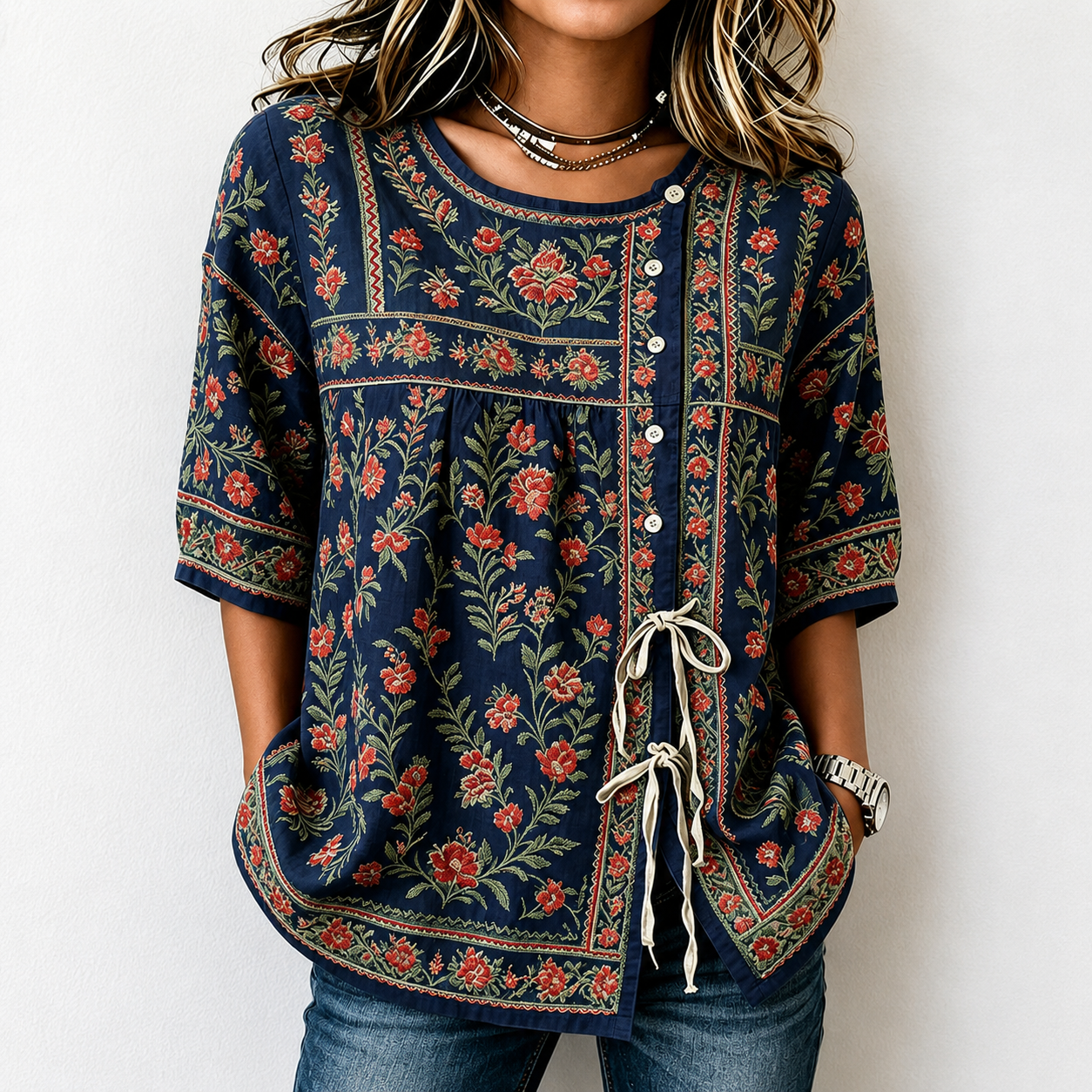 Women's Boho Floral Tie-Front Blouse