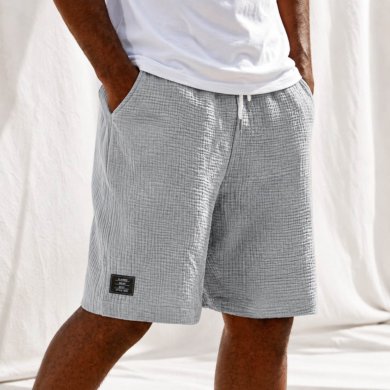 Men's Linen Crinkle Textured Logo Shorts