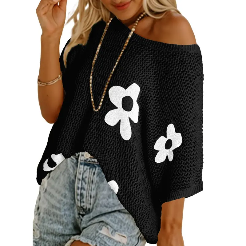 Womens Floral Fashion Summer Tops 2026 Short Sleeve Crochet Sweaters Swimsuit Cover Ups Lightweight Knit Pullover