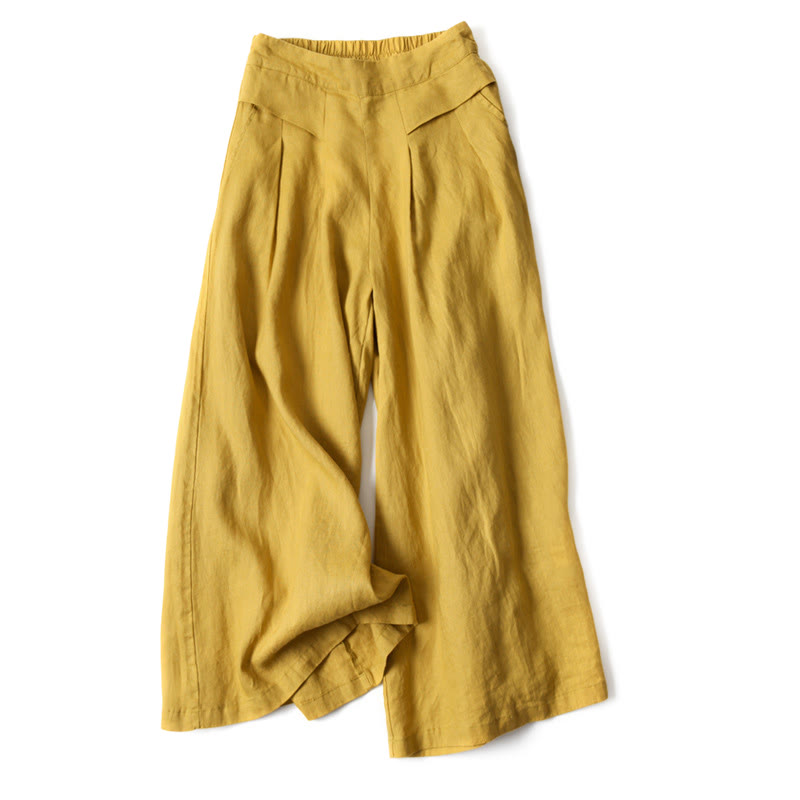 AuraLinen Plain Color Cotton Linen High Waist Wide Leg Pants With Pockets