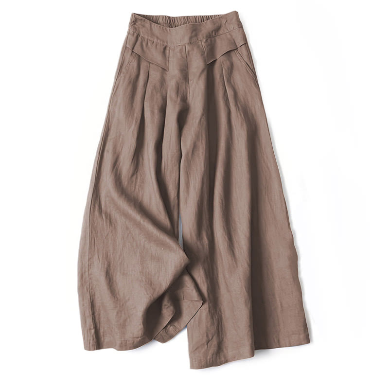 AuraLinen Plain Color Cotton Linen High Waist Wide Leg Pants With Pockets