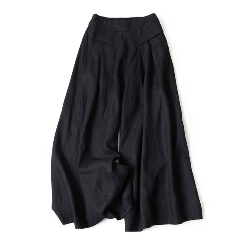 AuraLinen Plain Color Cotton Linen High Waist Wide Leg Pants With Pockets