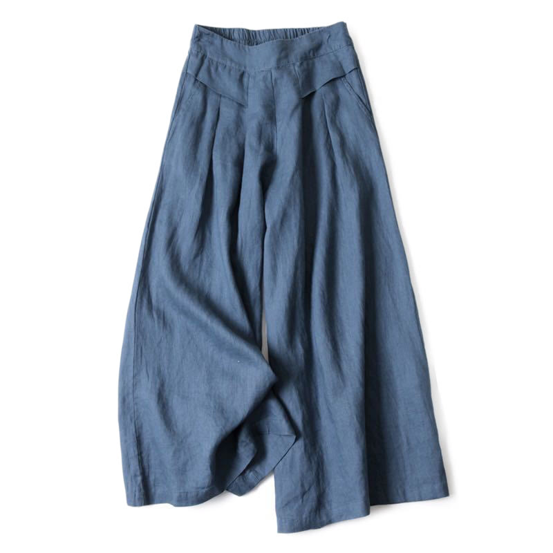 AuraLinen Plain Color Cotton Linen High Waist Wide Leg Pants With Pockets