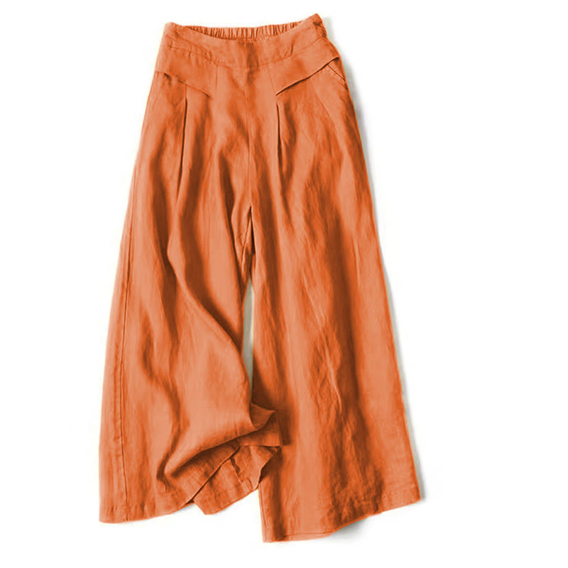 AuraLinen Plain Color Cotton Linen High Waist Wide Leg Pants With Pockets